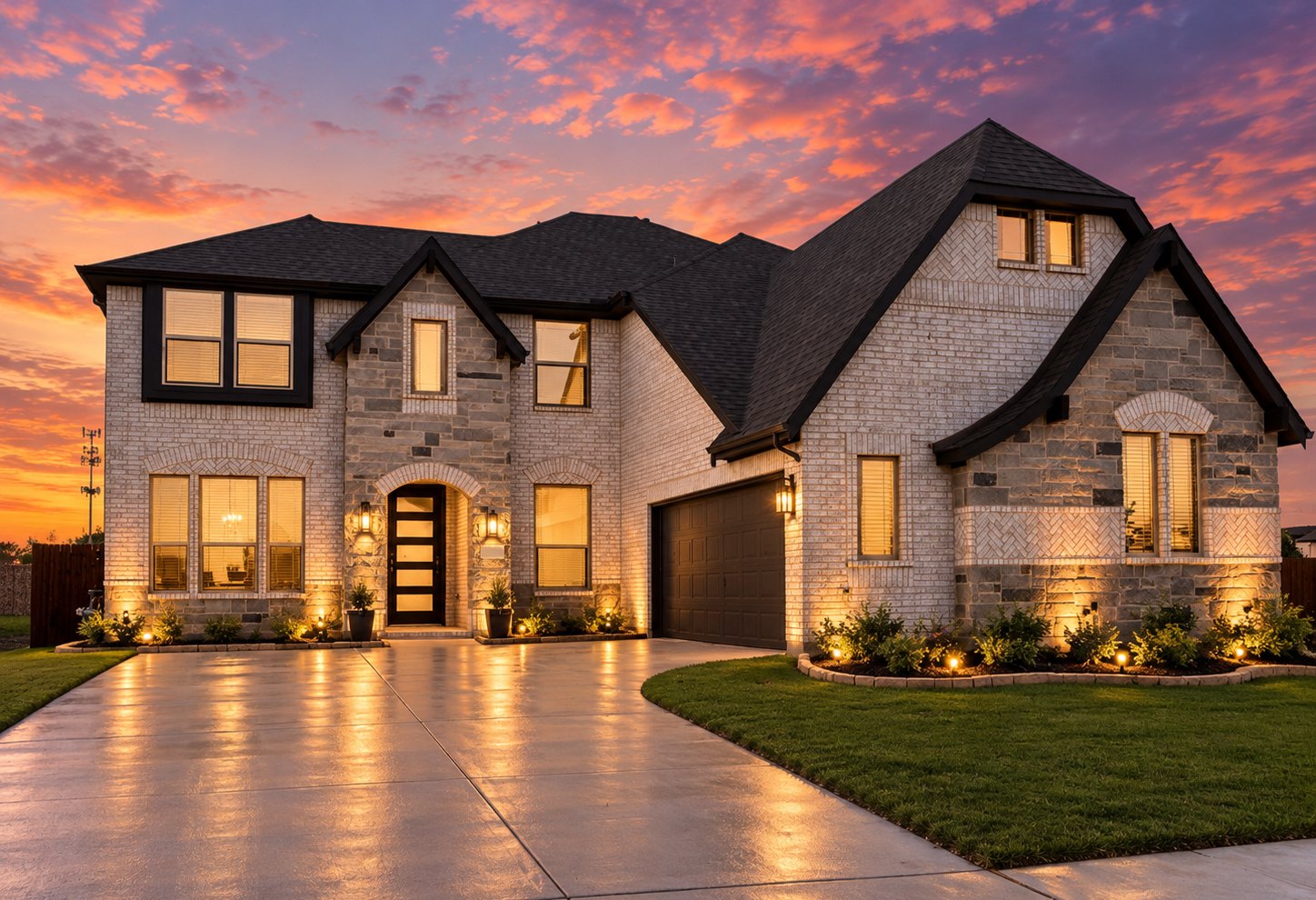 New-construction brick and stone home at sunset in River Ranch, Mesquite